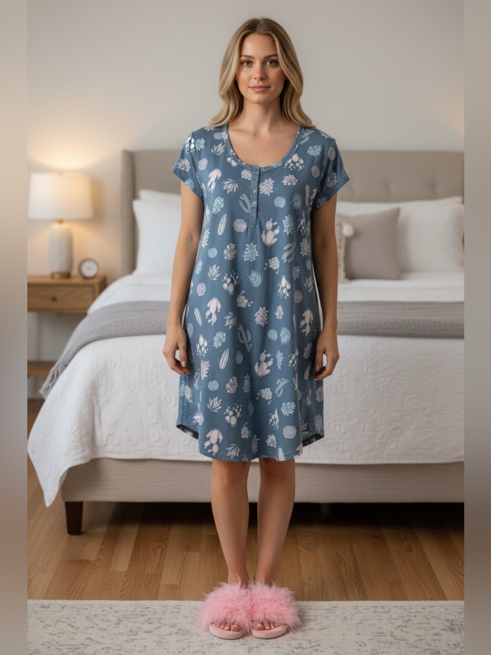 jo.sh, XL, Cactus Print Nightgown Blue Stretch Henley Sleepwear